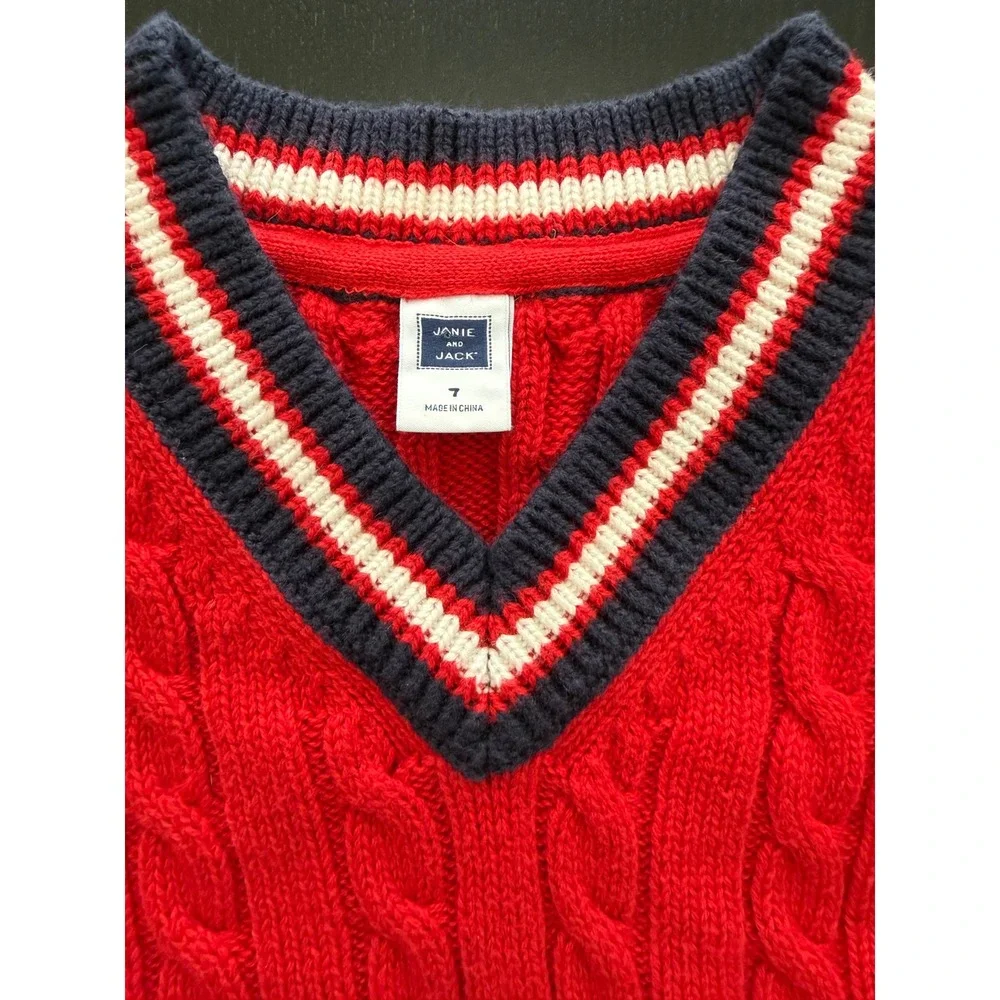 Janie and Jack Cable-Knit Sweater Vest Boys Size 7 Red/‎ Navy Cotton Preppy